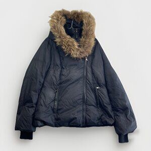 OOKPIK Duck Down Feather Winter Jacket Asymmetrical Parka Black Sz XL Fur Trim